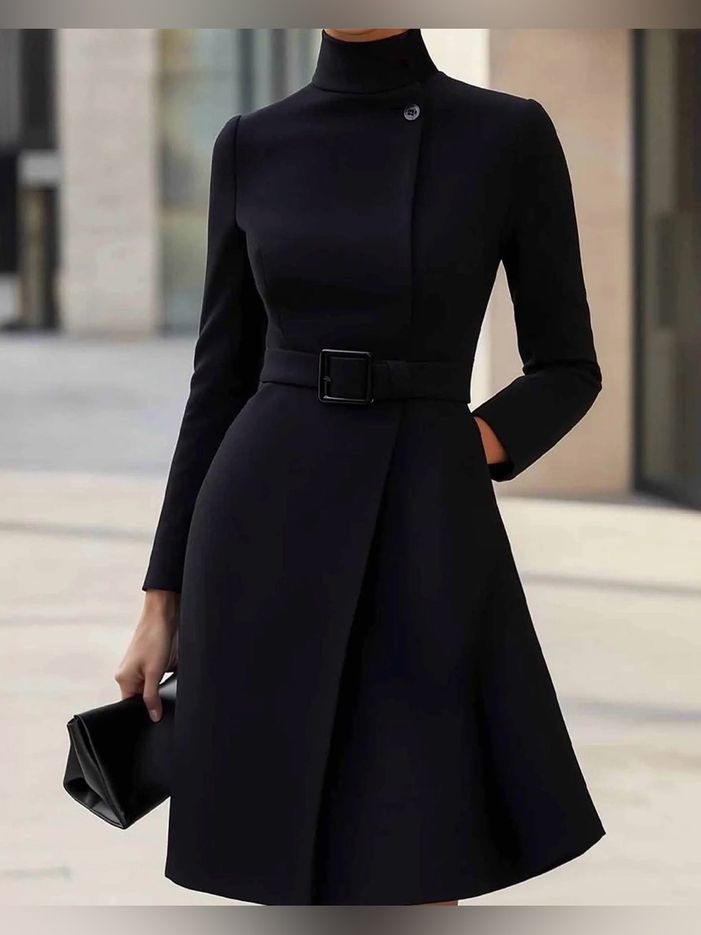 Elegant Black Belted A-Line Dress Bodycon NWT Large Fall Wardrobe Staple